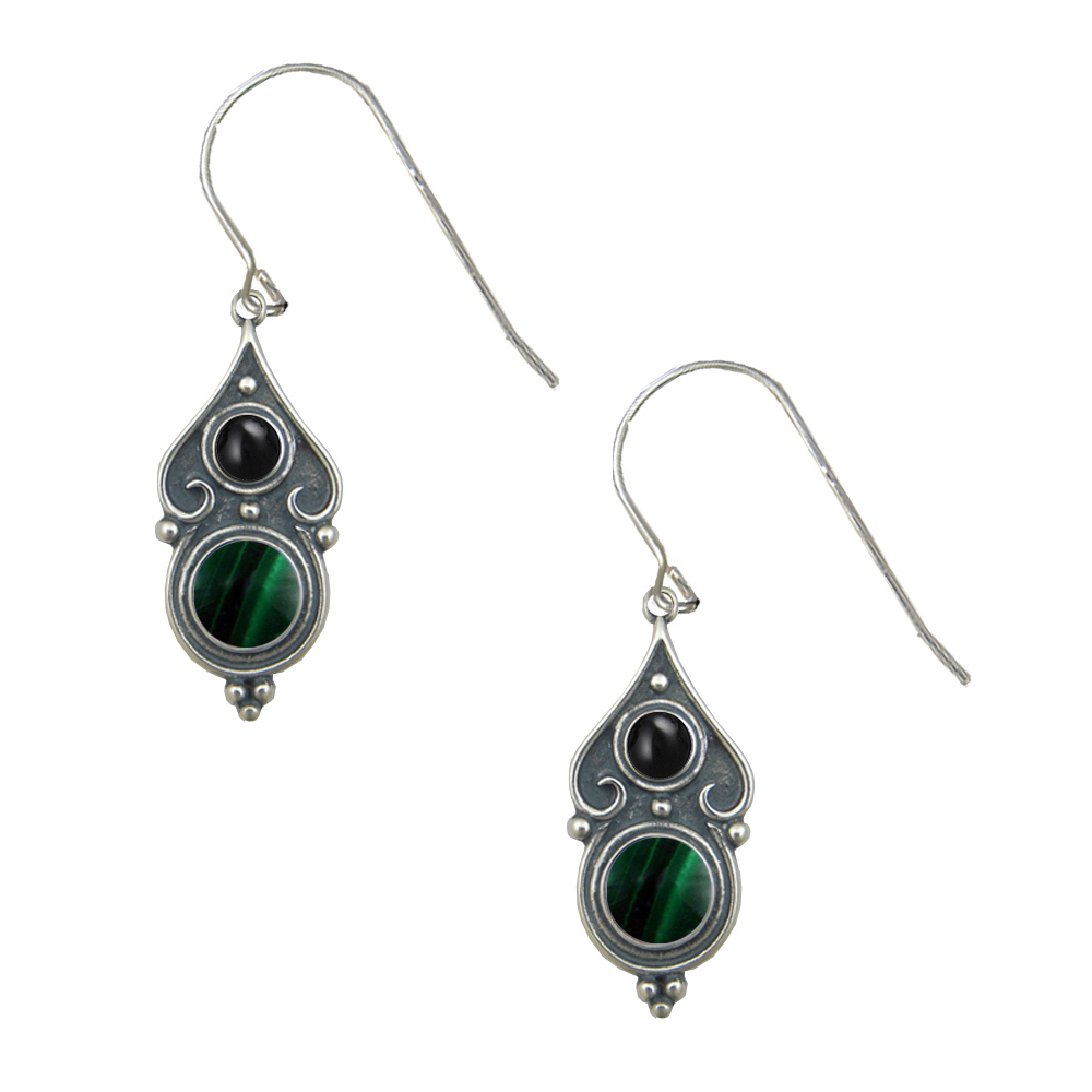 Sterling Silver Designer Post Stud Earrings With Malachite And Black Onyx